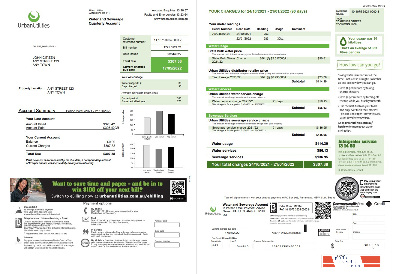 Australia Urban Utilities .doc and .pdf utility bill template